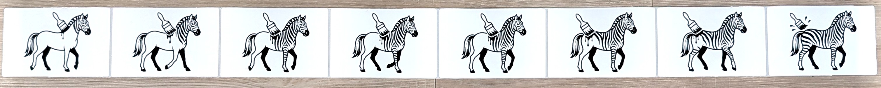 Eight labels printed on a real Zebra printer: the Stripy Horse logo being painted, frame by frame